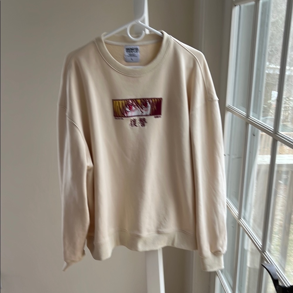 ANIMATO Sweatshirt Mens Large Pullover Embroidered Anime Long Sleeve Ivory